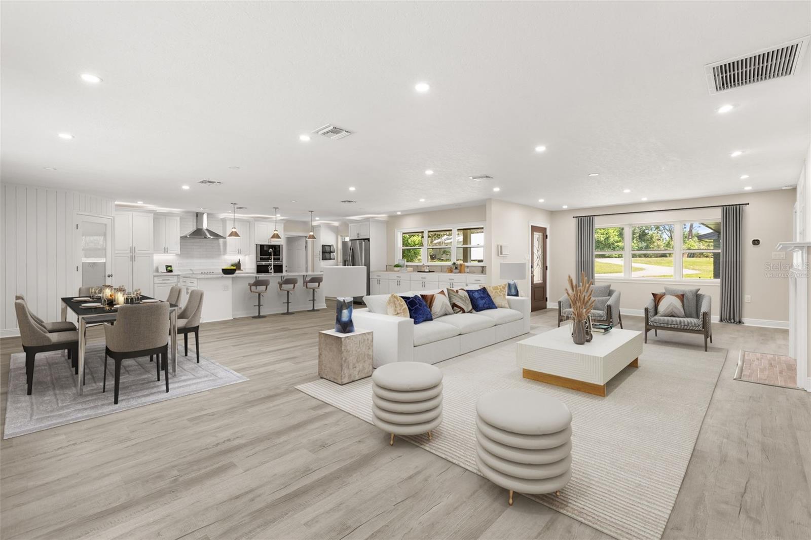 Great Room virtually staged: Entry, Living Room, Dining Room, Kitchen