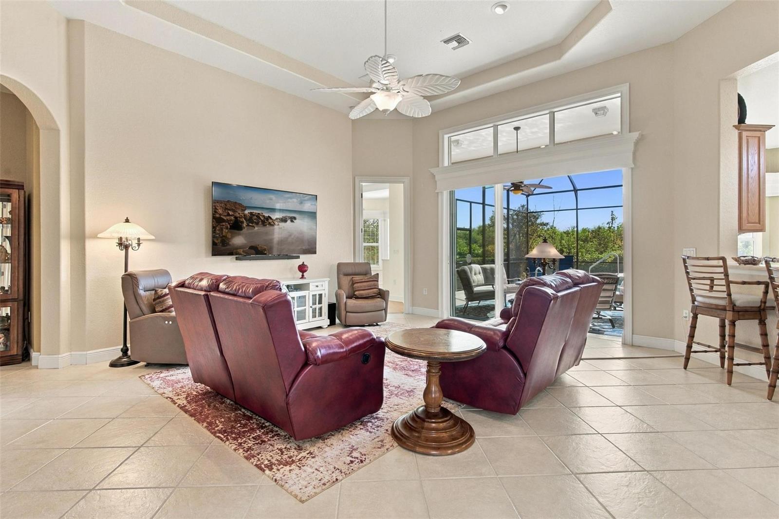 Great room with tall volume ceilings.