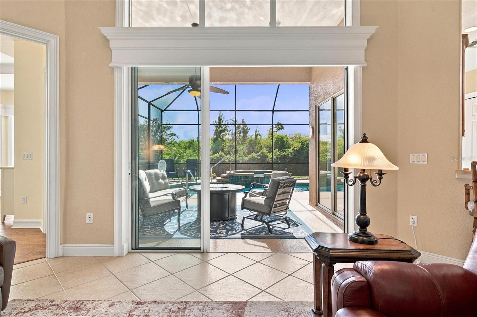 View of pool area from great room.