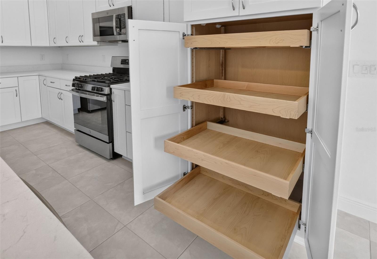 Kitchen with Built-In Double Pantry and Roll-Out Shelving Kitchen with Built-In Double Pantry and Roll-Out Shelving