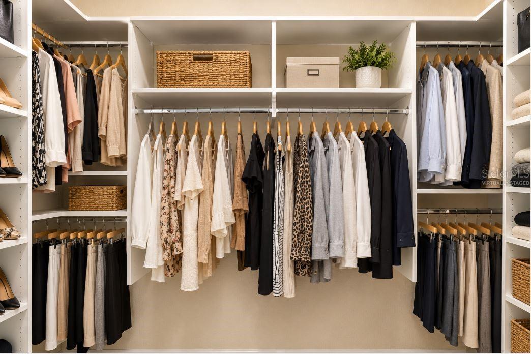 Virtually staged Her Walk-In Closet.