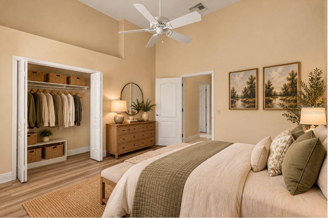 Virtually staged guest bedroom.