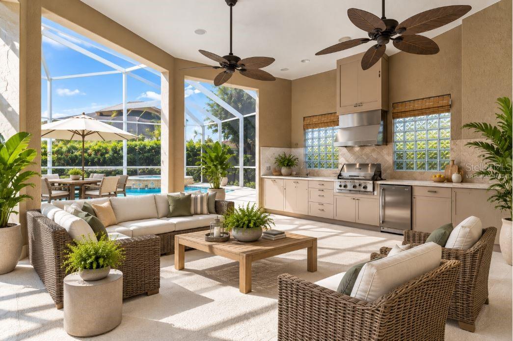 Virtually staged outdoor kitchen.