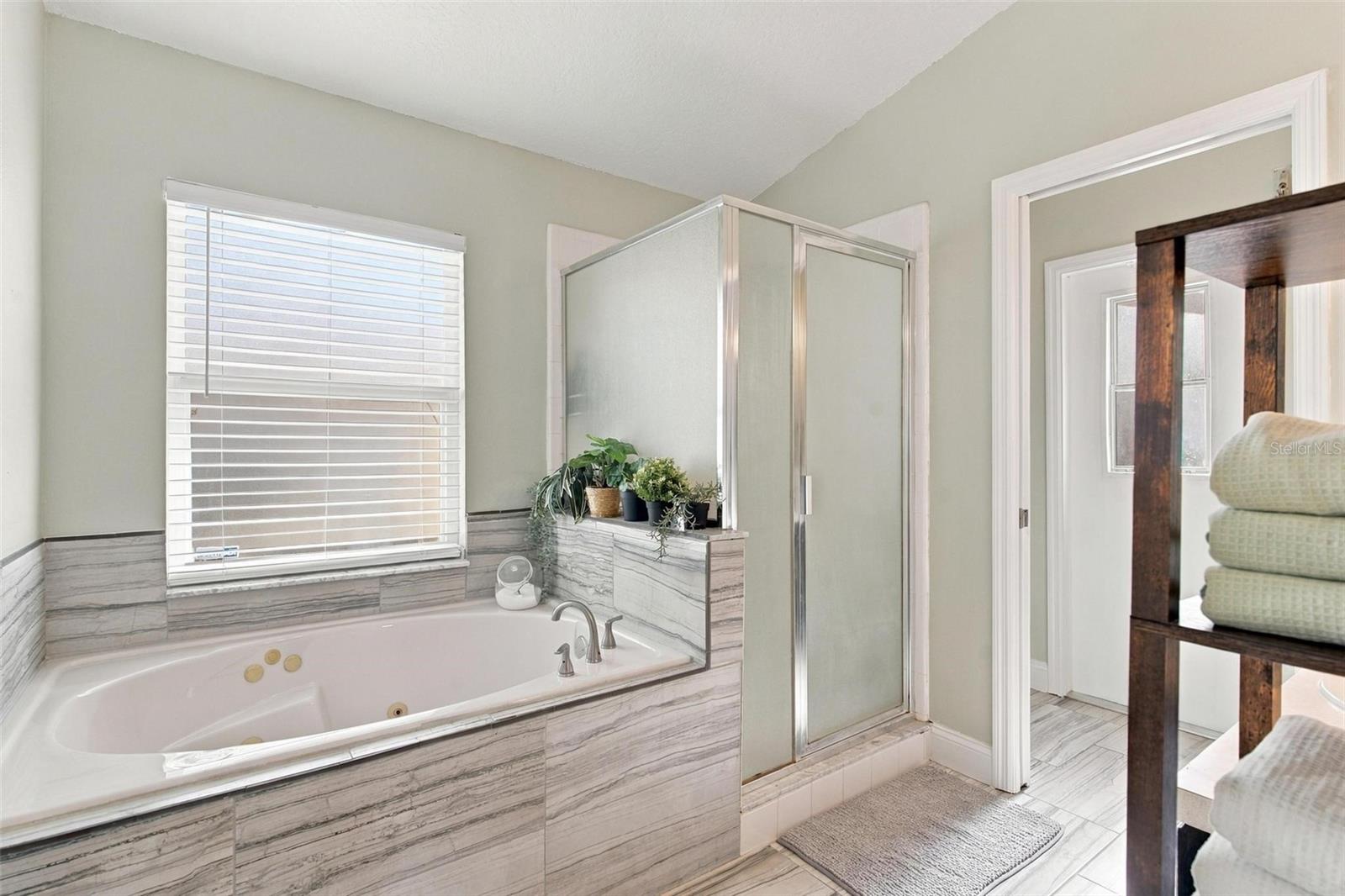 Primary Bathroom with Walk-In Shower and Separate Tub
