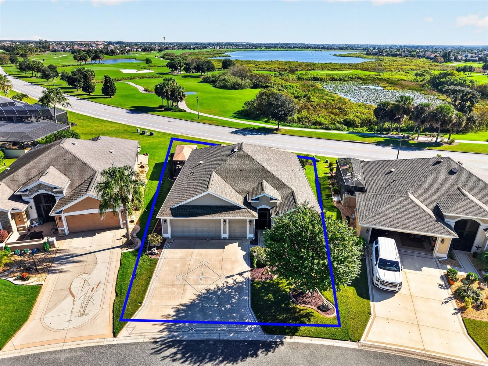 Aerial Front Elevation with Property Lines and Golf and Water Views