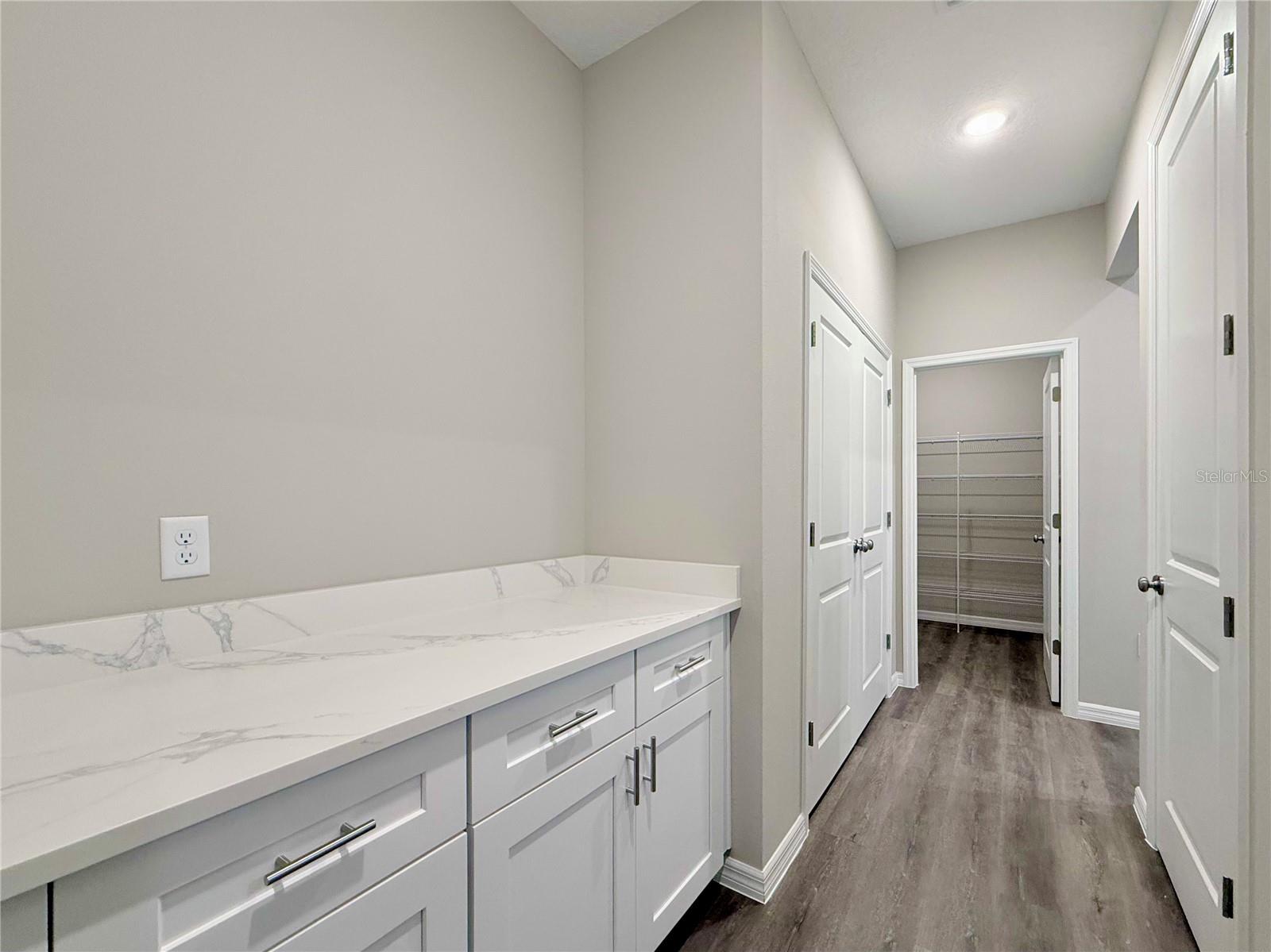 Folding table area with cabinets, extra closet area and walk in pantry