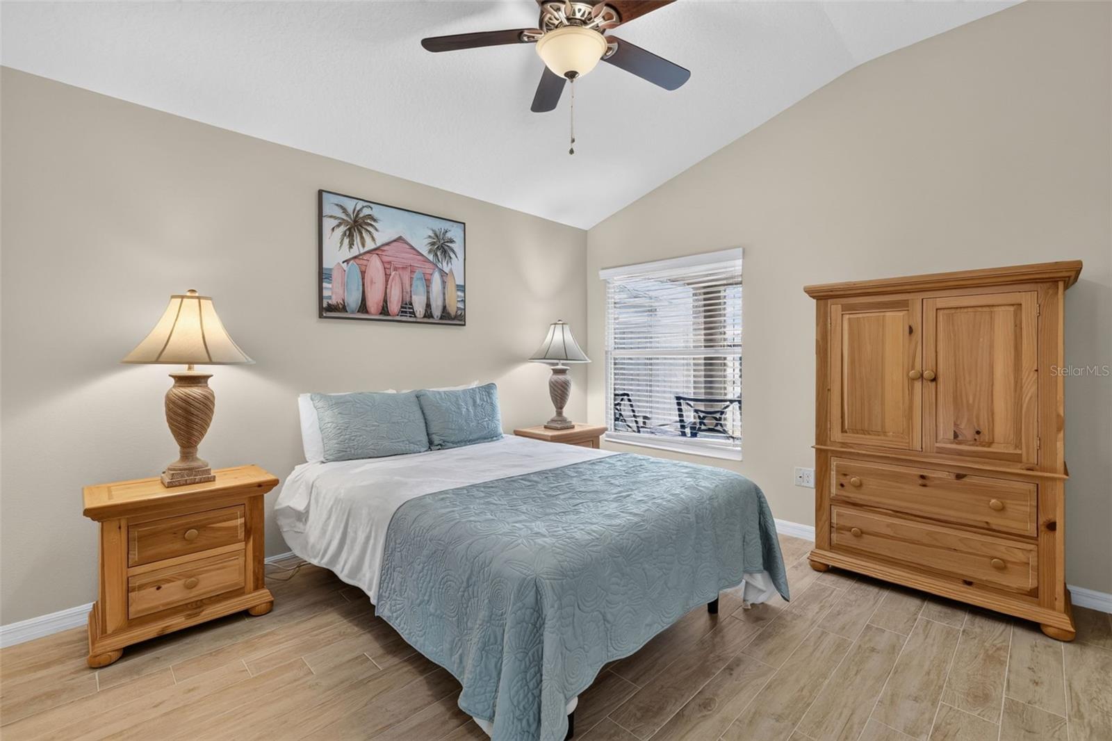 2nd Bedroom - Window overlooking the Front Porch - High Vaulted Ceilings