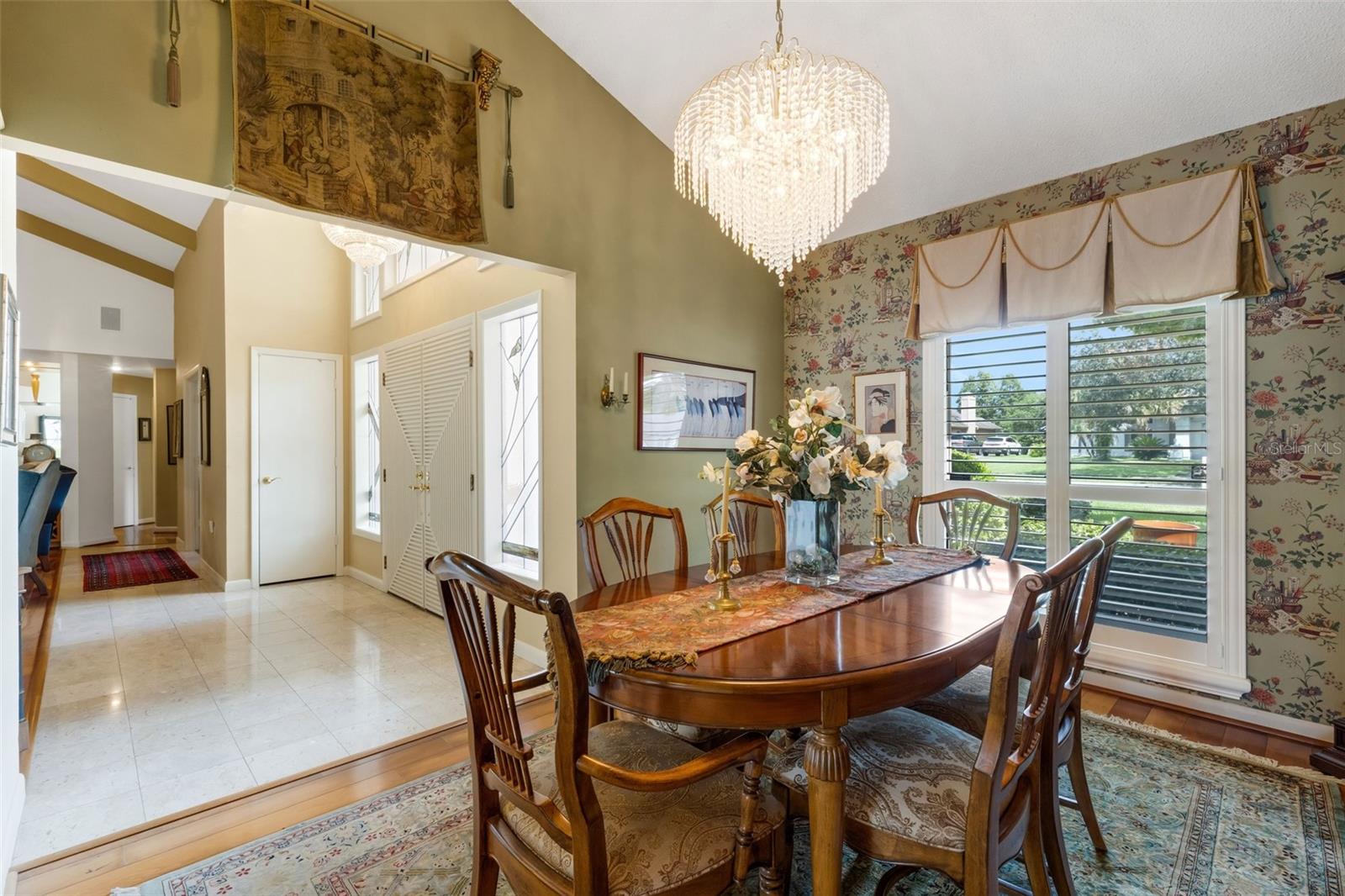 with its stunning and unique crystal chandelier.
