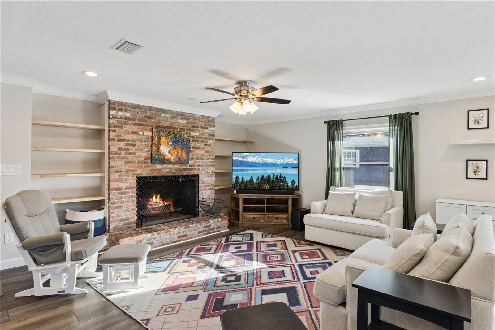 Living room with WOOD burning fire place