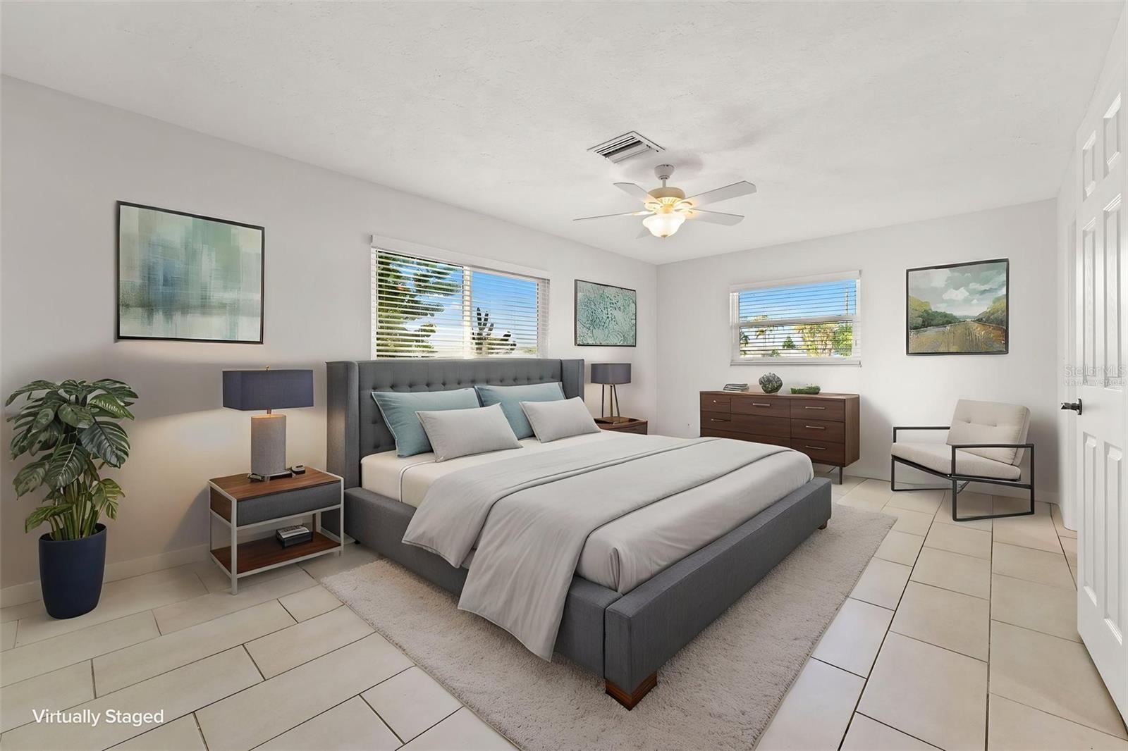 Virtually staged primary bedroom