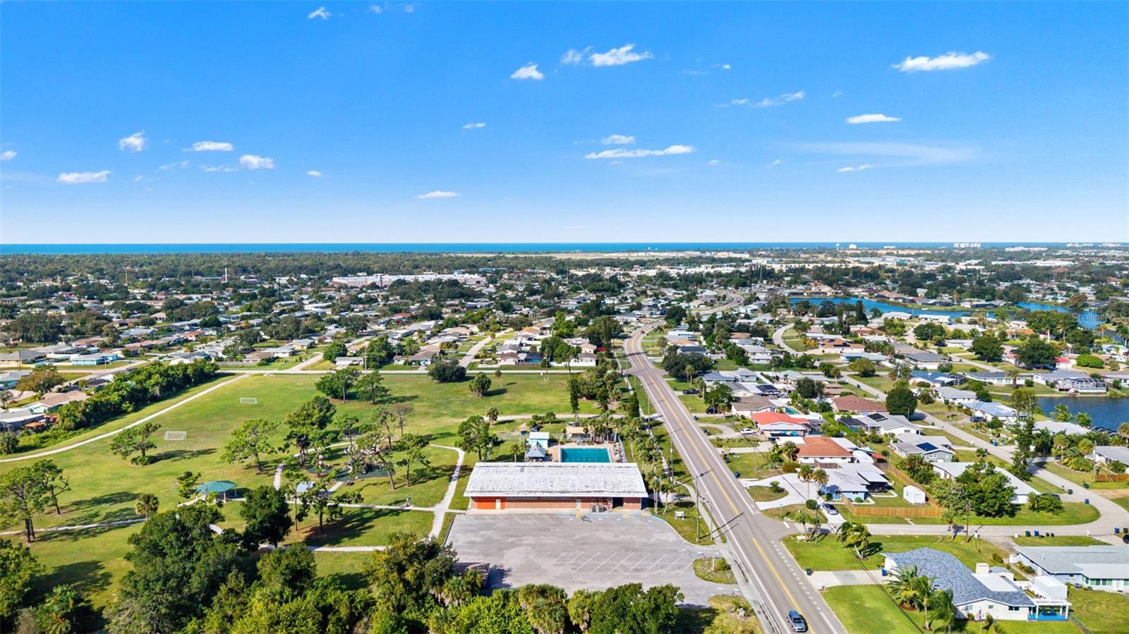 Venice Gardens Civic Center and community pool (optional membership), Venice Gardens Park (county) with Gulf in background