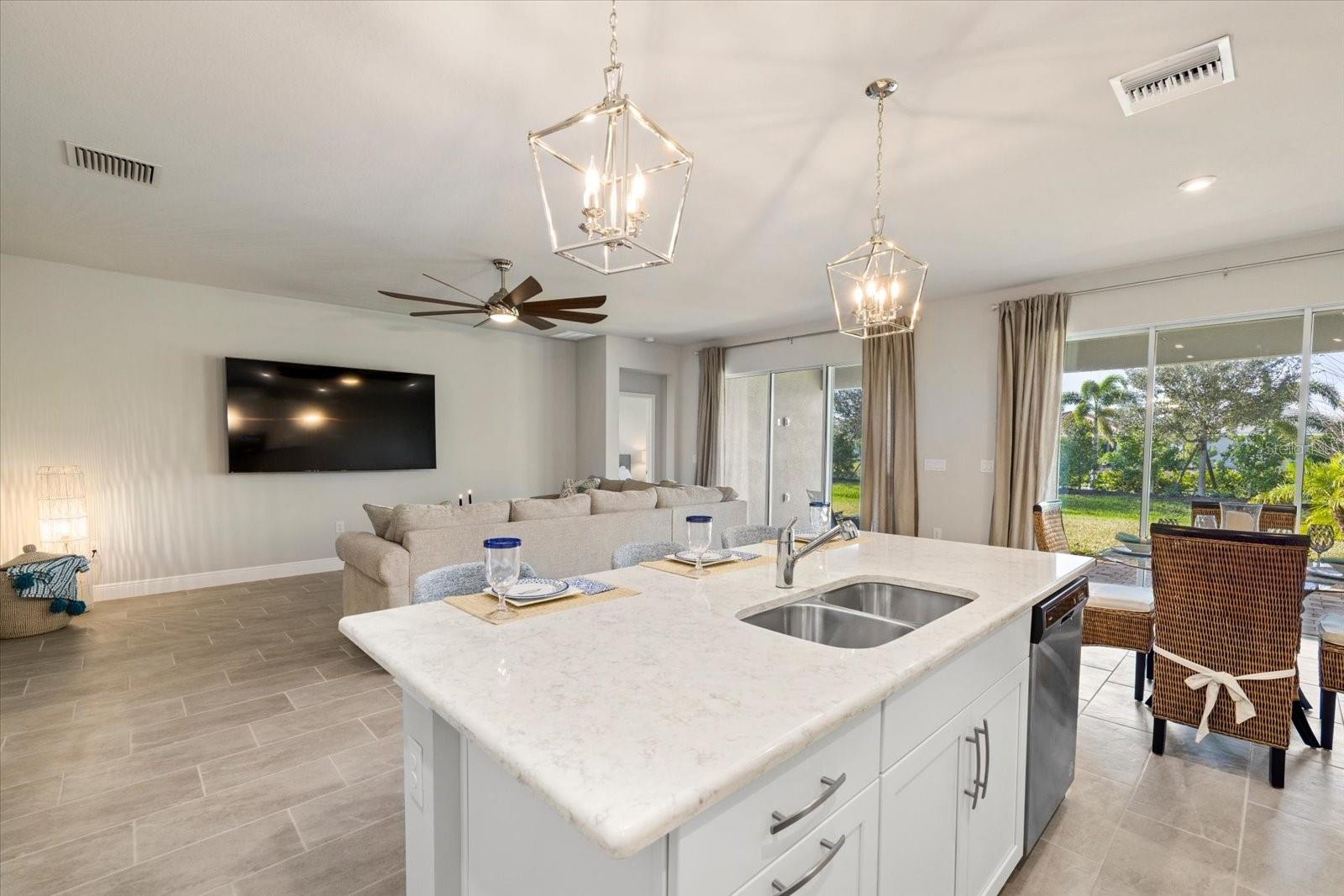 Kitchen looking into Living area and Dining Room