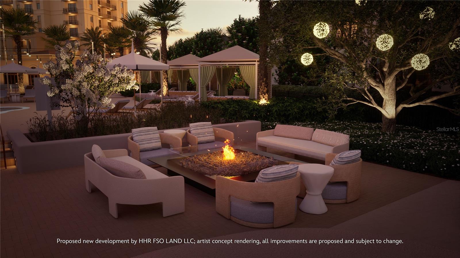 Perfectly situated between the Luxe Residences and Boutique Homes will be a lakeside oasis, featuring the pool and spa, rejuvenating water features, privacy cabanas with towel service and indoor-outdoor dining areas with fire pits and lounge seating. Artist concept rendering, all improvements are proposed and subject to change. Disney