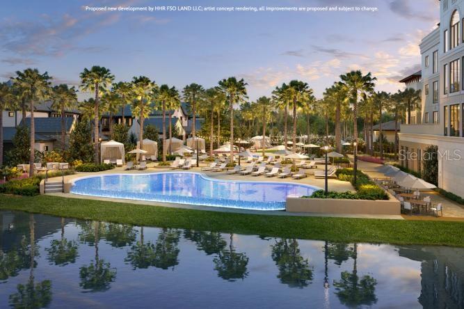 Perfectly situated between the Luxe Residences and Boutique Homes will be a lakeside oasis, featuring the pool and spa, rejuvenating water features, privacy cabanas with towel service and indoor-outdoor dining areas with fire pits and lounge seating. Artist concept rendering, all improvements are proposed and subject to change. Disney