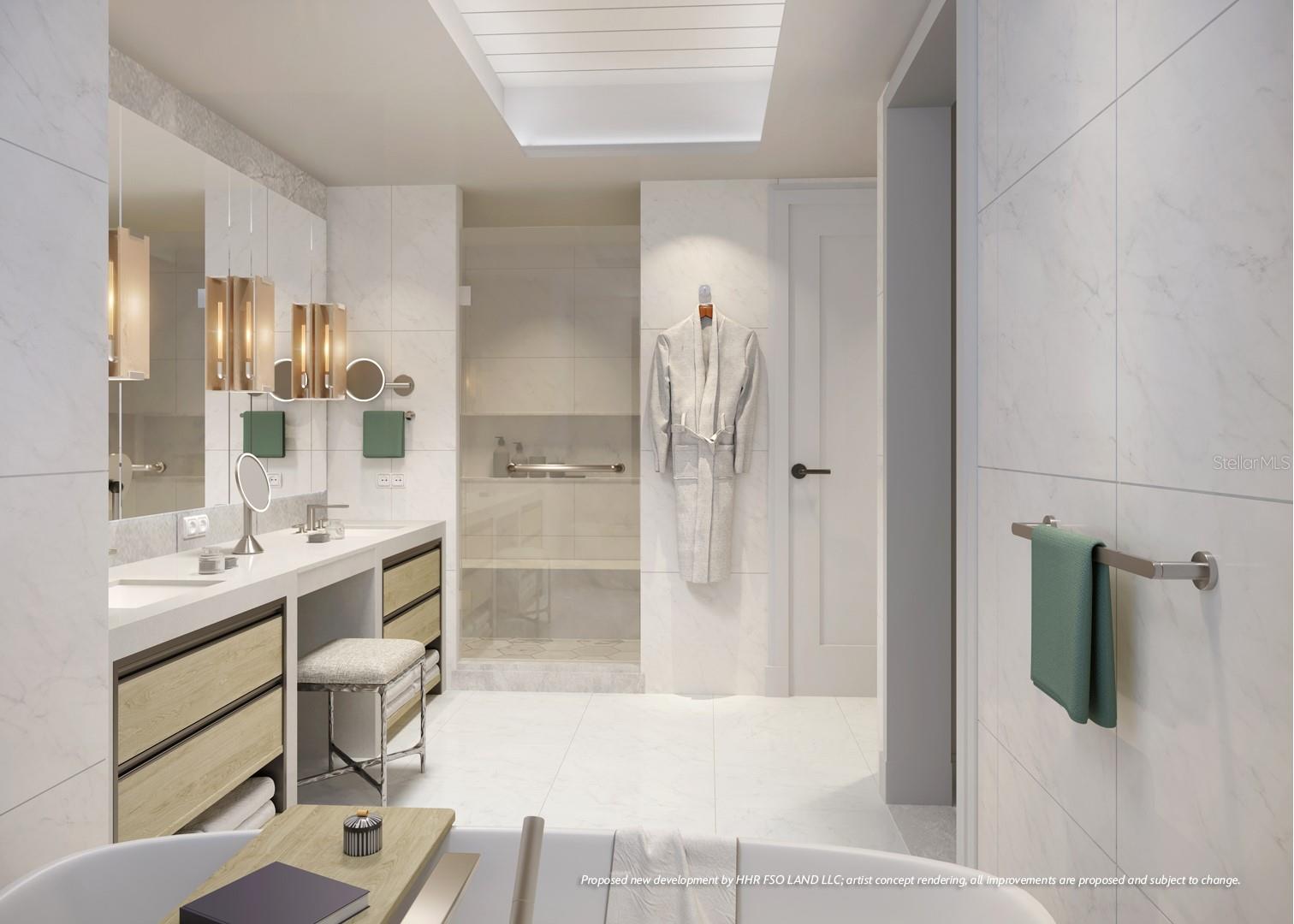 Artist Rendering. Luxurious primary bath featuring custom vanities, marble floors, walls and shower and lavish freestanding soaking tub.
