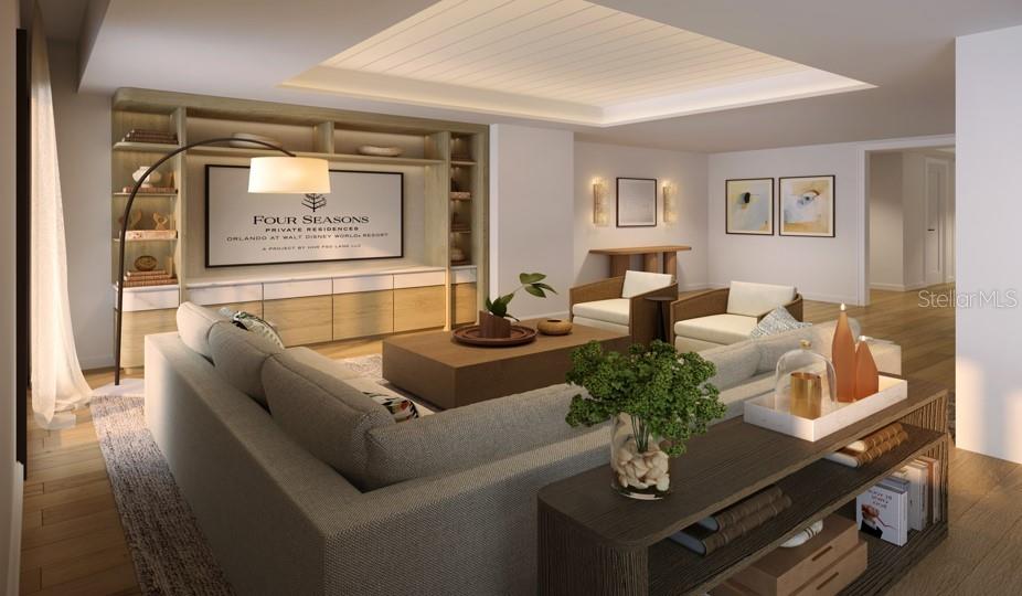 Artist Rendering. Spacious open concept living room with tongue and groove ceiling details and lighting