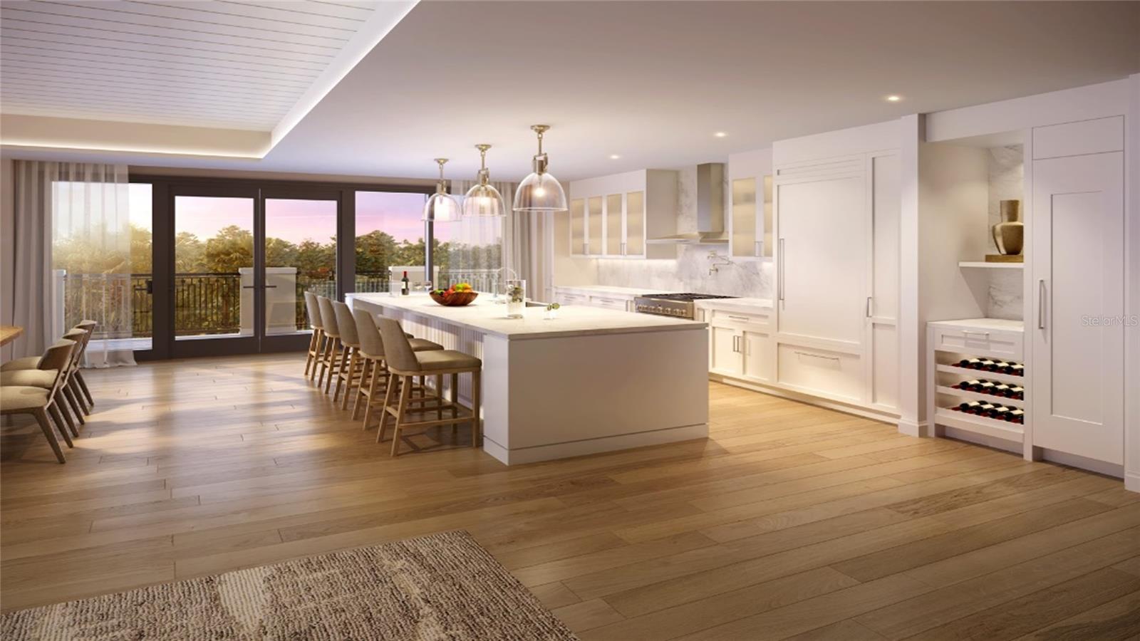 Artist Rendering. Custom frameless contemporary wood cabinetry with full-extension drawer glides, soft-close drawer and doors, complemented by under-cabinet lighting.