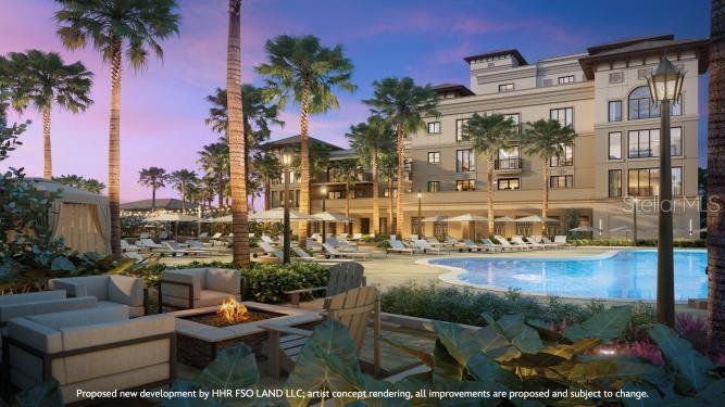 Perfectly situated between the luxe residences and boutique homes will be a lakeside oasis, featuring the pool and spa, rejuvenating water features, privacy cabanas with towel service and indoor-outdoor dining areas with fire pits and lounge seating. Artist concept rendering, all improvements are proposed and subject to change. Disney
