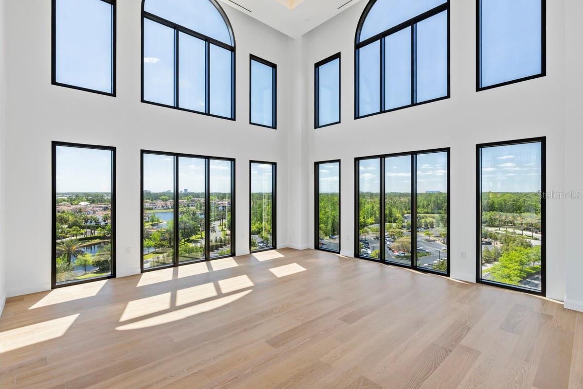 Soaring ceilings in the two-story Living Room