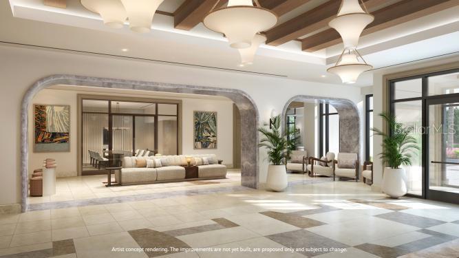 Florian Park Amenities: Artist Rendering. A Welcomed Arrival. The stage is set for your much-anticipated entrance. A porte-cochere will lead to the open-air lobby, staffed 24/7, so theres always someone to welcome you home. Youll delight in the instantly impressive space which features your Residential Services reception area, the residents lounge, inspired workspaces, flex rooms for events and a coffee bar.