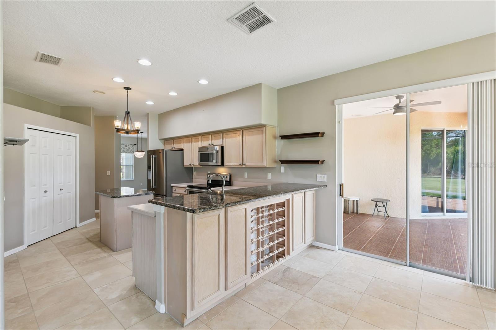 Built-in wine rack and room for bar seating.