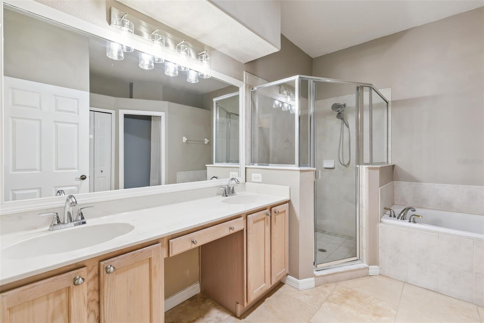 Double vanity, walk-in shower.