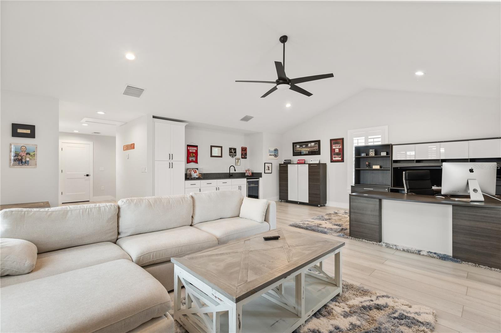 VAULTED CEILING + KITCHENETTEThe 907-square-foot carriage house apartment features a vaulted ceiling, kitchenette and expansive open floor plan with room for living, working and extended-stay accommodations.