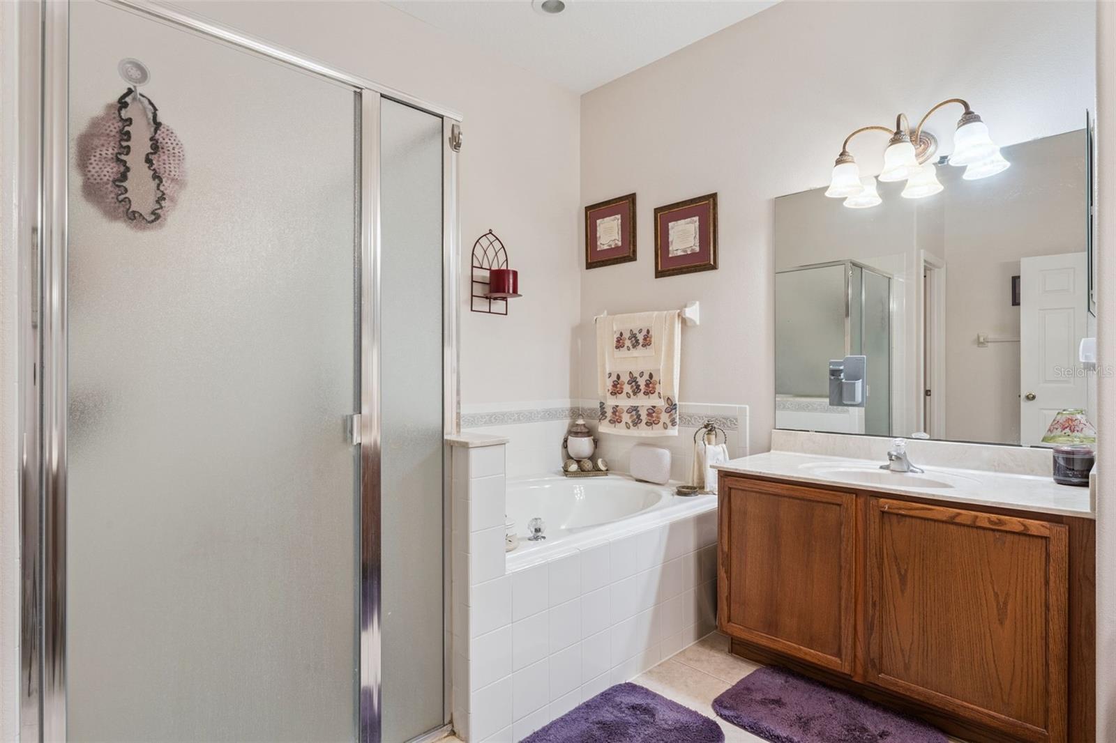 Primary bathroom features a walk in shower & spa like tub