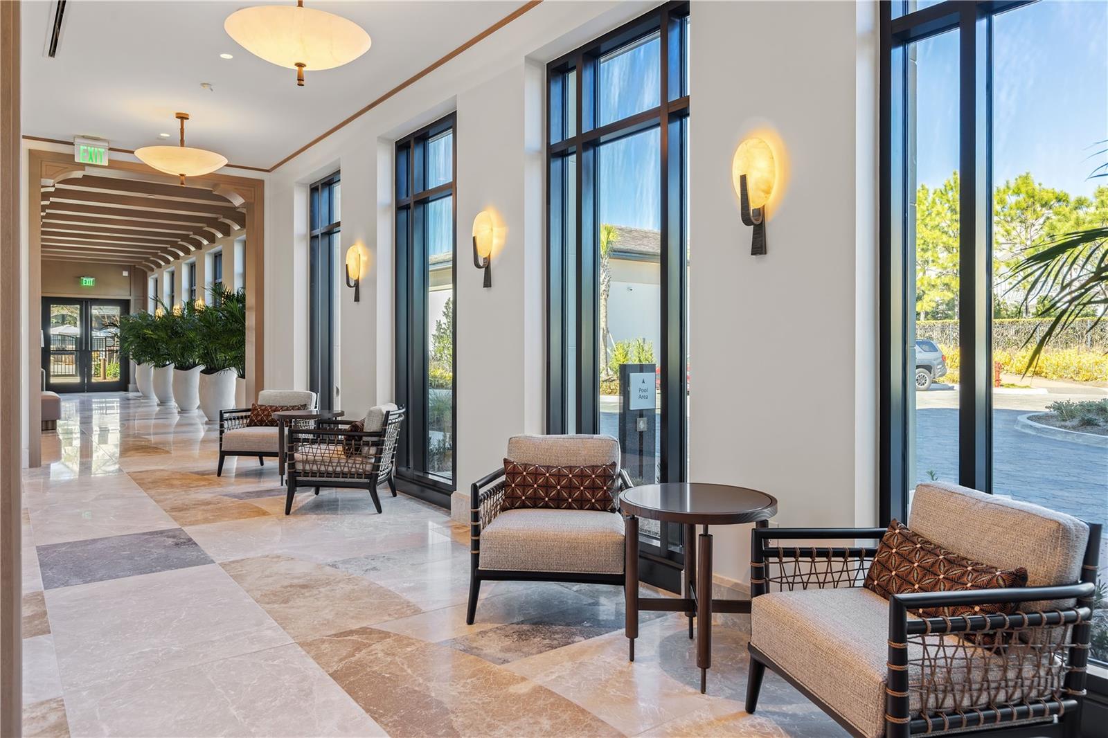 Florian Park Amenities: A Welcomed Arrival. The stage is set for your much-anticipated entrance. A porte-cochere will lead to the open-air lobby, staffed 24/7, so theres always someone to welcome you home. Youll delight in the instantly impressive space which features your Residential Services reception area, the residents lounge, inspired workspaces, flex rooms for events and a coffee bar.