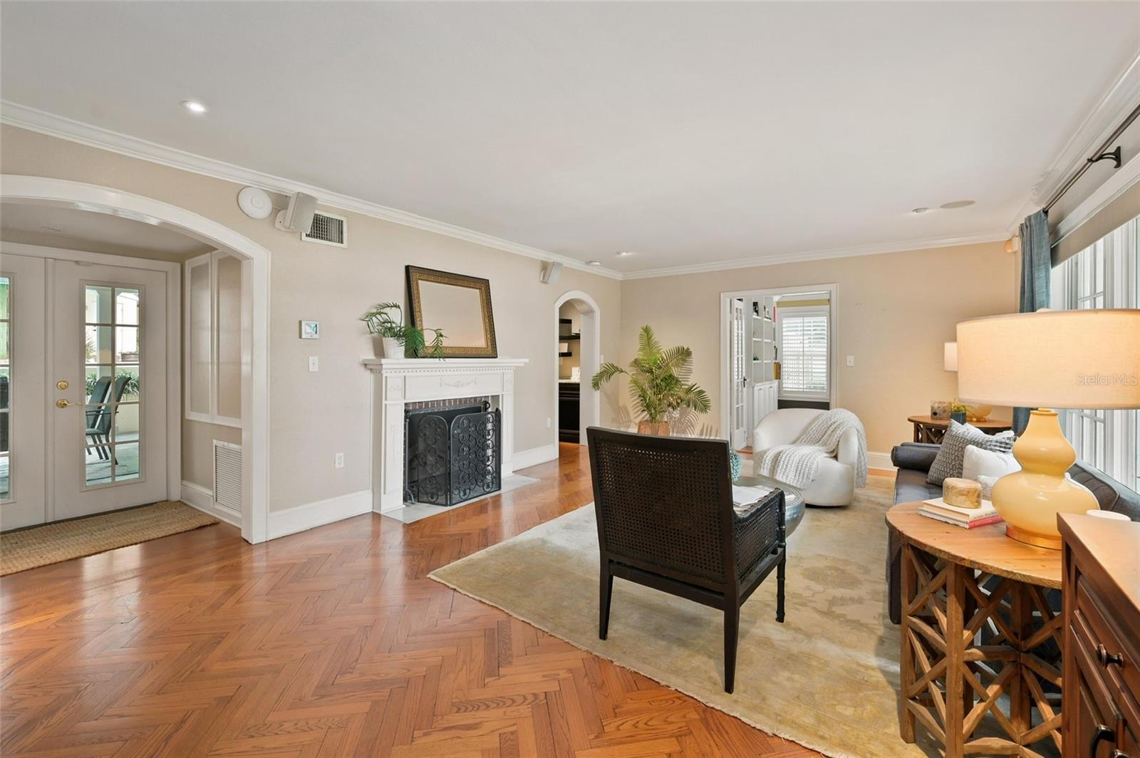 Formal Living Room with Fireplace & French Doors