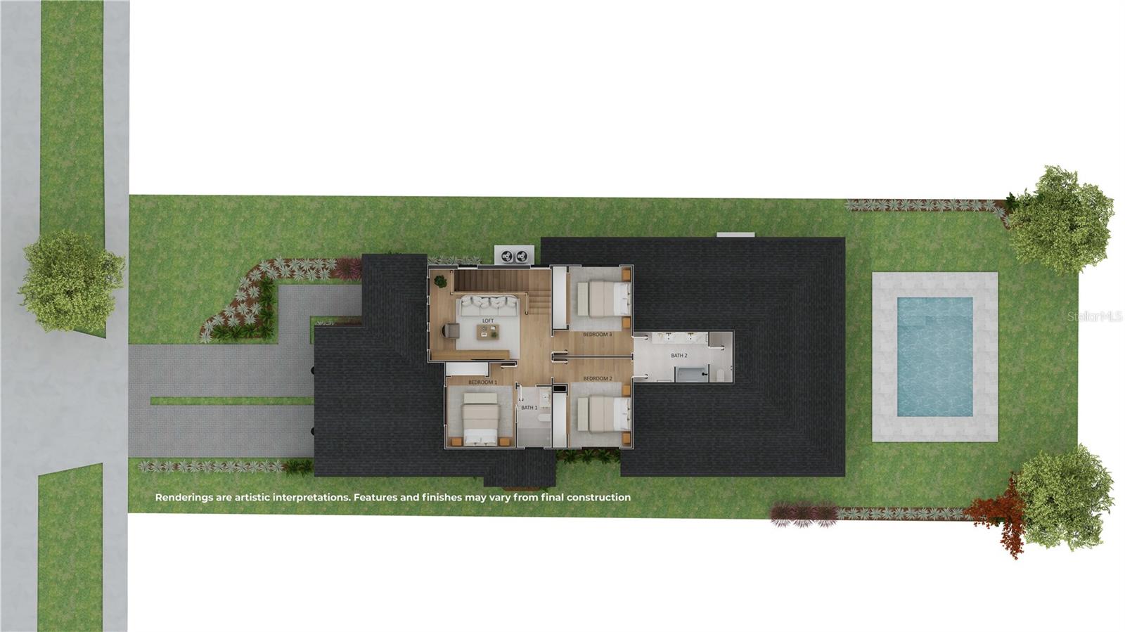 Site plan providing an overview of the residence, homesite and outdoor spaces.