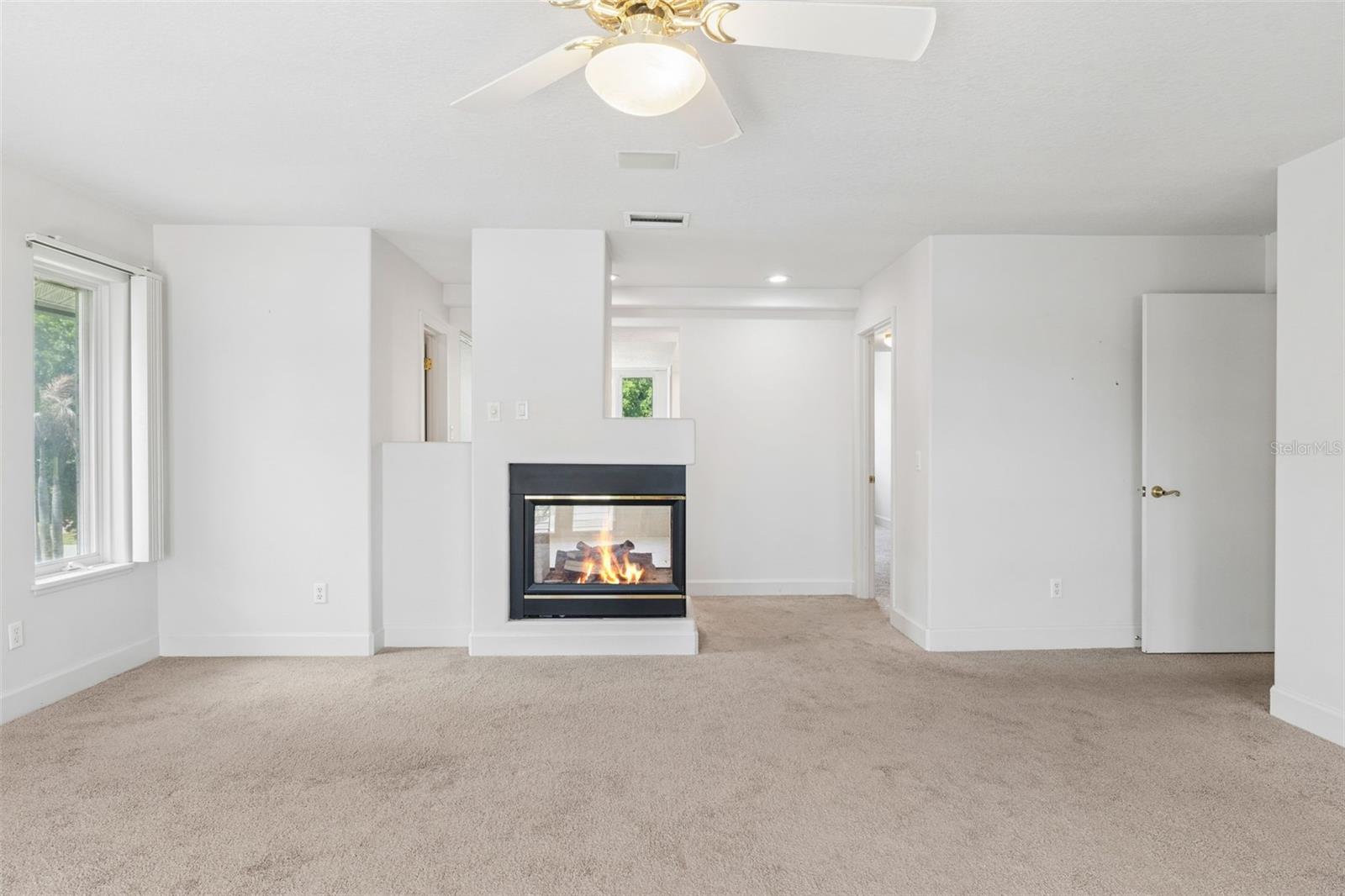 Primary bedroom with fireplace, private bath access, and spacious walk-in closet.