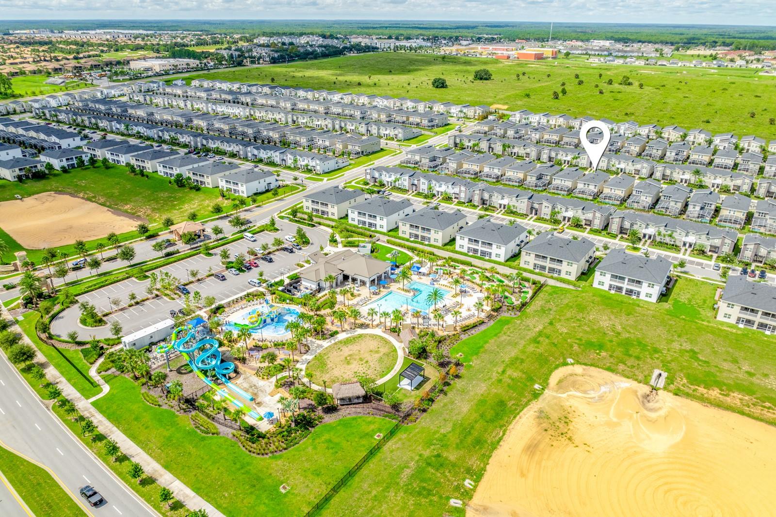 Aerial view of the home in relation to the amenities.