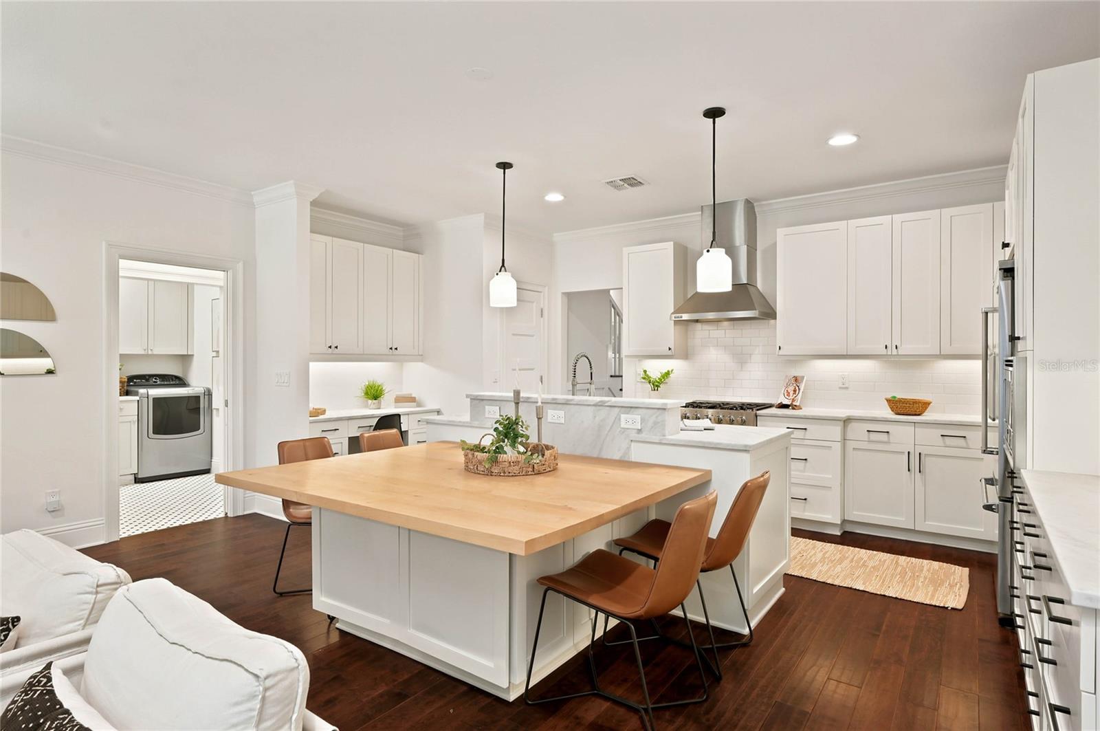 Custom pendant lighting completing the island