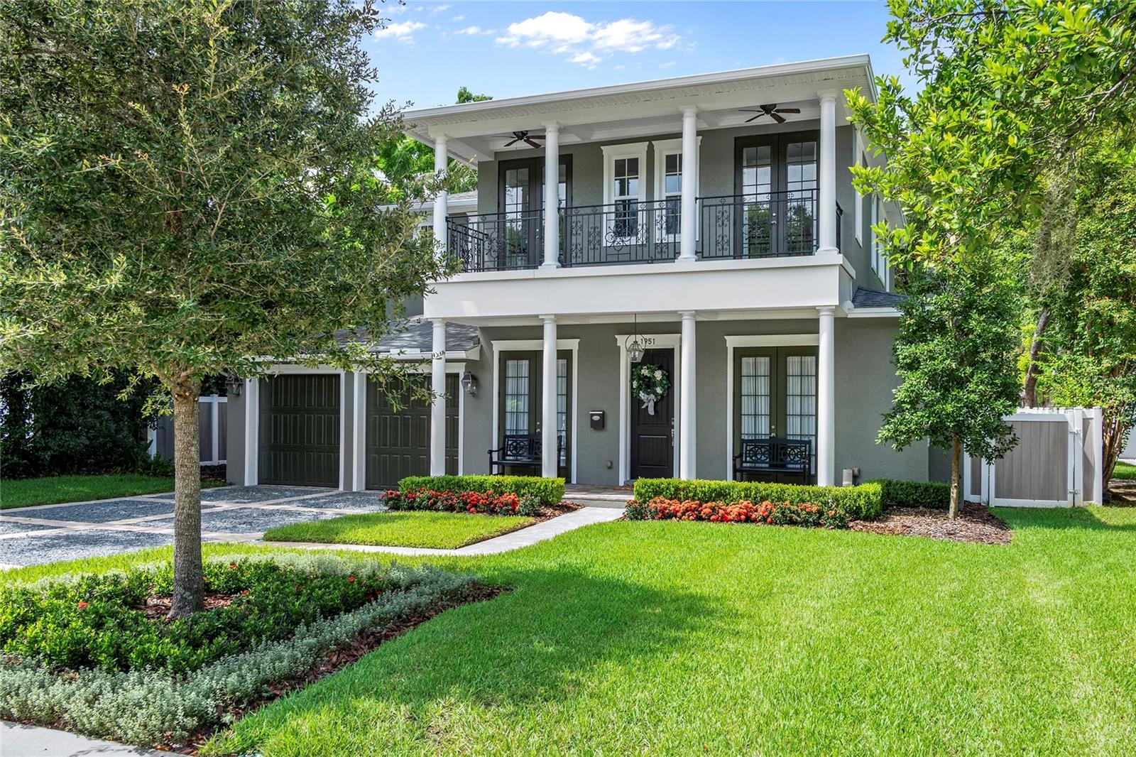 Crisp landscaping sets off the classic architecture.