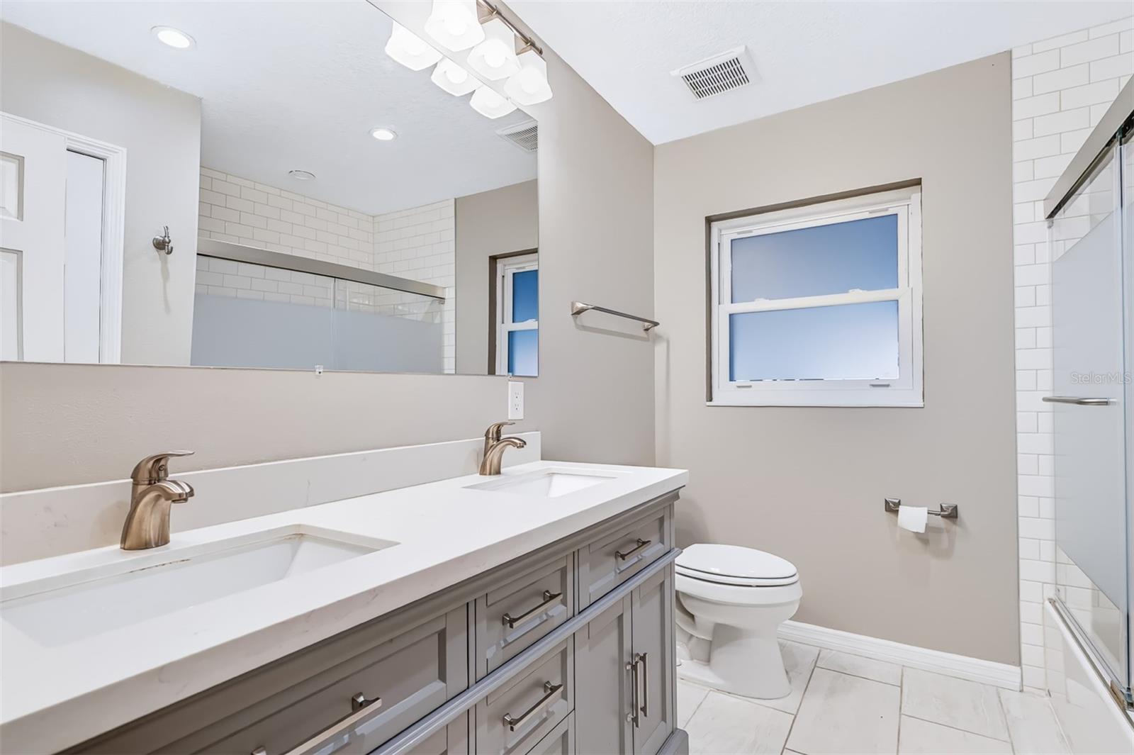 Hallway Bathroom with Dual Sink Granite Vanity with Soft-Close Drawers & Cabinets