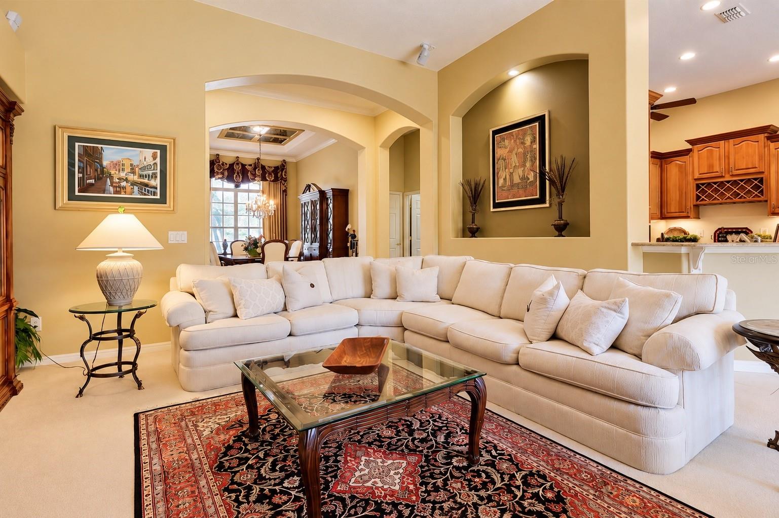 SPACIOUS AND INVITING FAMILY ROOM FEATURING SOARING CEILINGS, BEAUTIFUL ARCHITECTURAL ARCHWAYS, CUSTOM DECORATIVE WALL NICHE WITH ACCENT LIGHTING, AND AN OPEN-CONCEPT DESIGN! SPACIOUS AND INVITING FAMILY ROOM FEATURING SOARING CEILINGS, BEAUTIFUL ARCHITECTURAL ARCHWAYS, CUSTOM DECORATIVE WALL NICHE WITH ACCENT LIGHTING, AND AN OPEN-CONCEPT DESIGN!