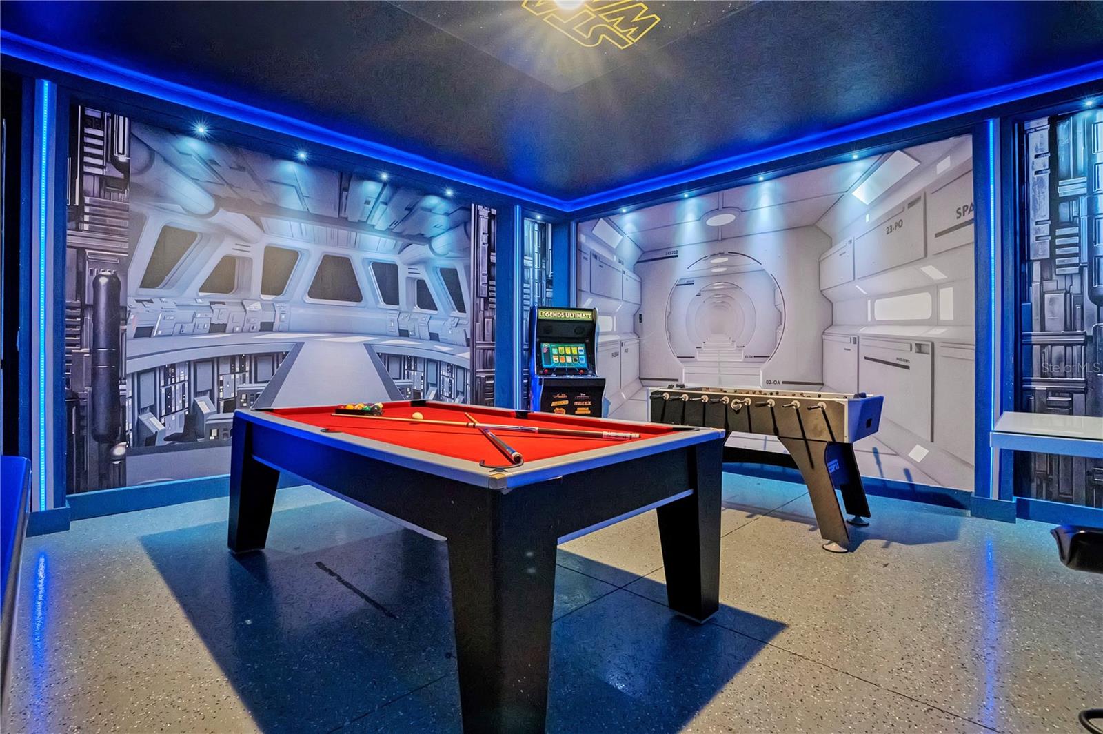 The Galactic Arcade - an immersive Star Wars-inspired game room with billiards and custom lighting