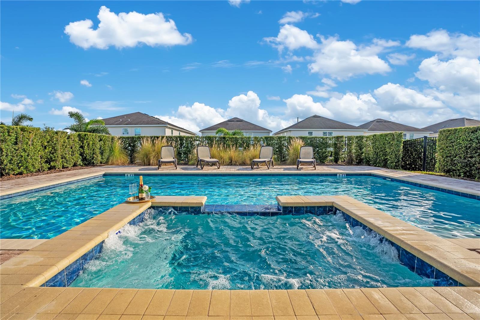 An oversized private pool with heated spillover spa and a beautifully paved deck