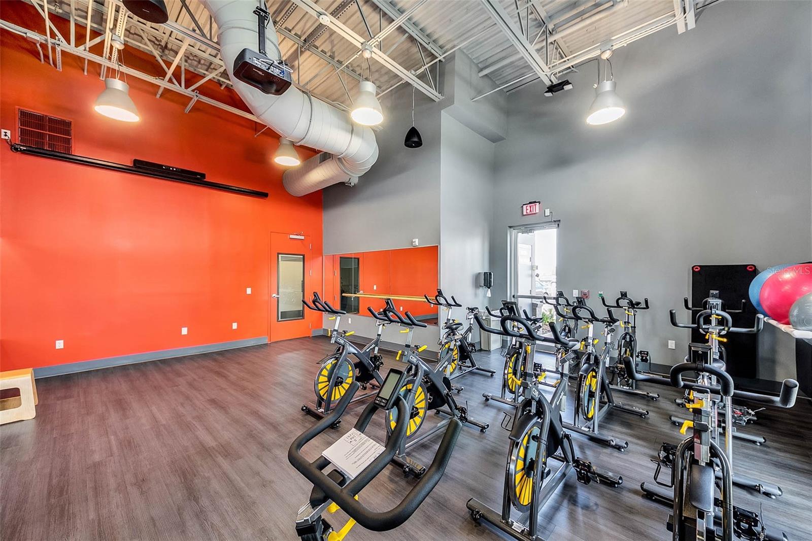 Indoor cycling and group fitness space at the community fitness center.