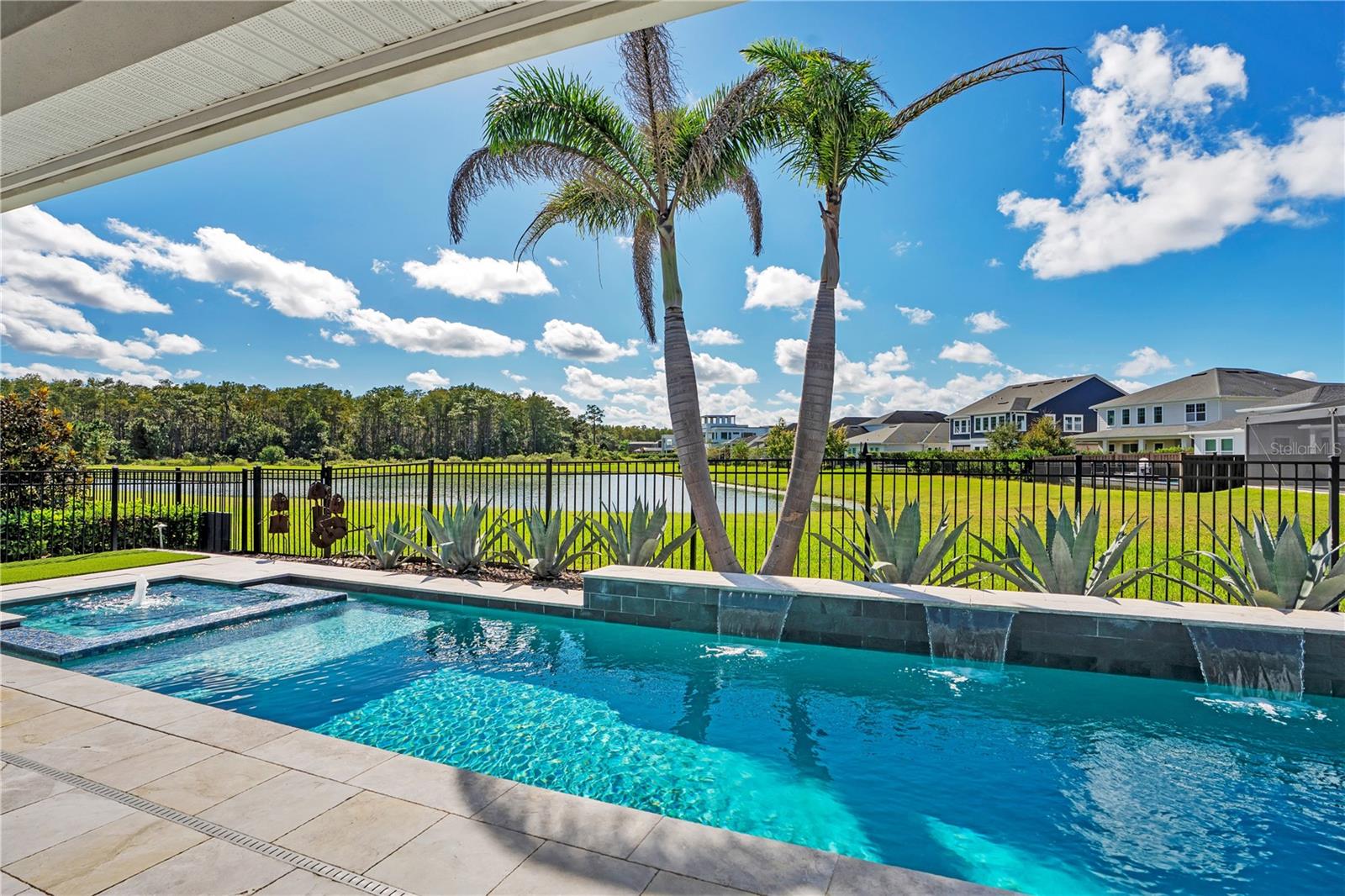 Self cleaning, heated salt water pool and spa surrounded by palms and blue skies.