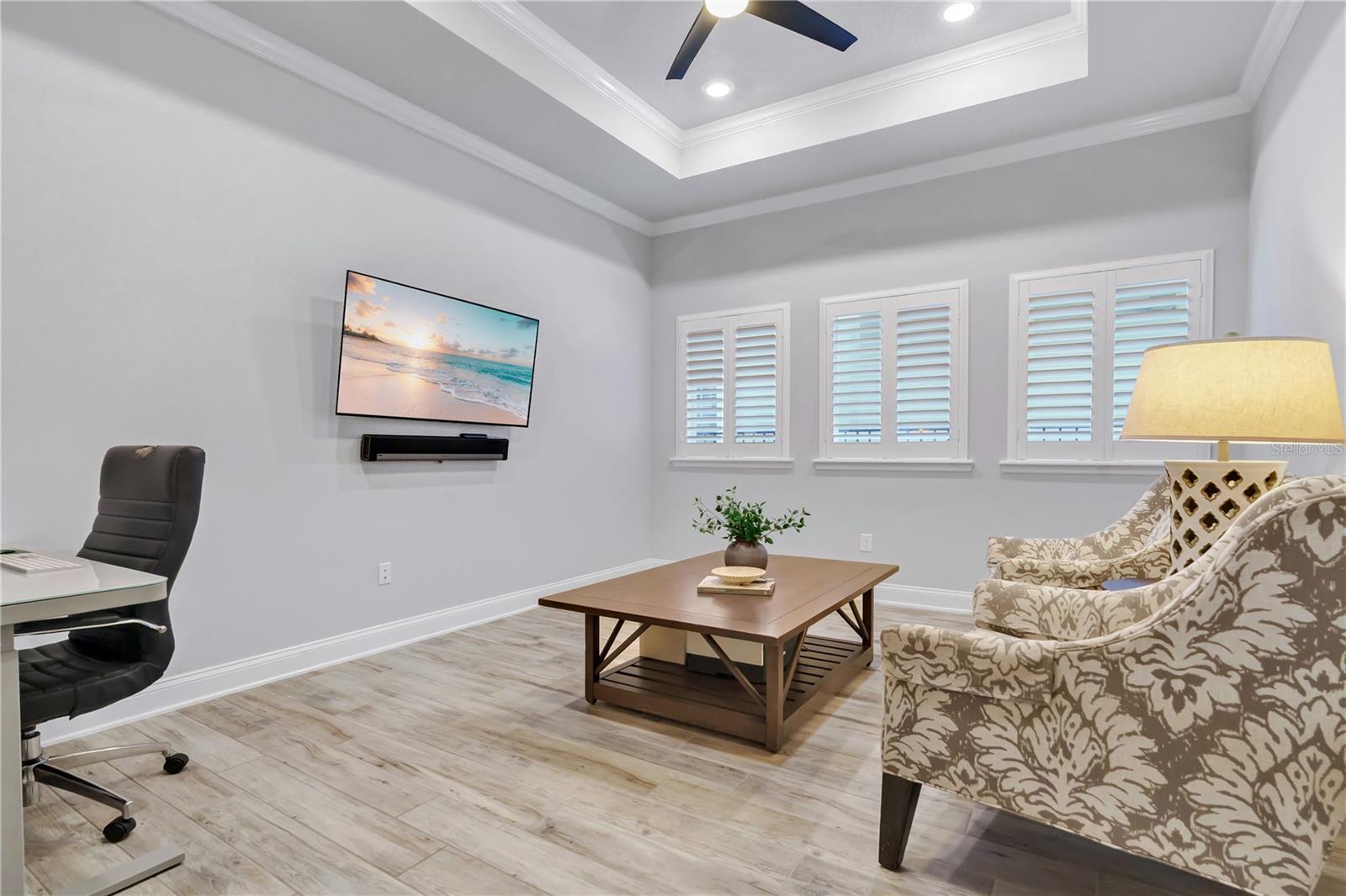 Flex room with tray ceiling and plantation shutters, ready for media, work, or guests.