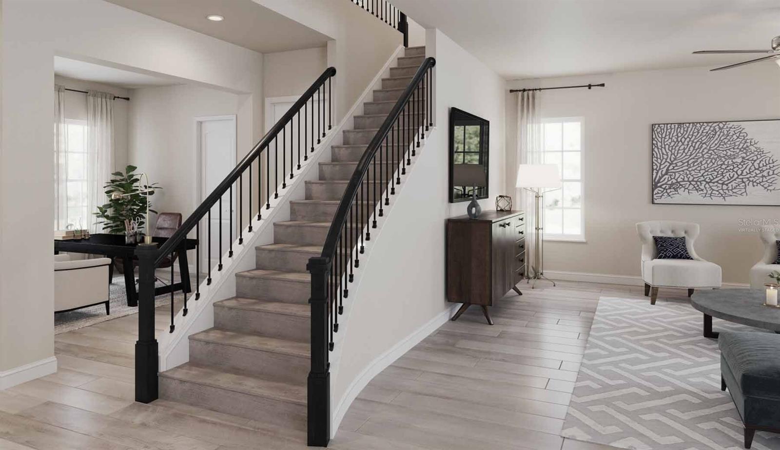 Marco Floorplan Great Room, Staircase and Dining Room (Virtually Staged)