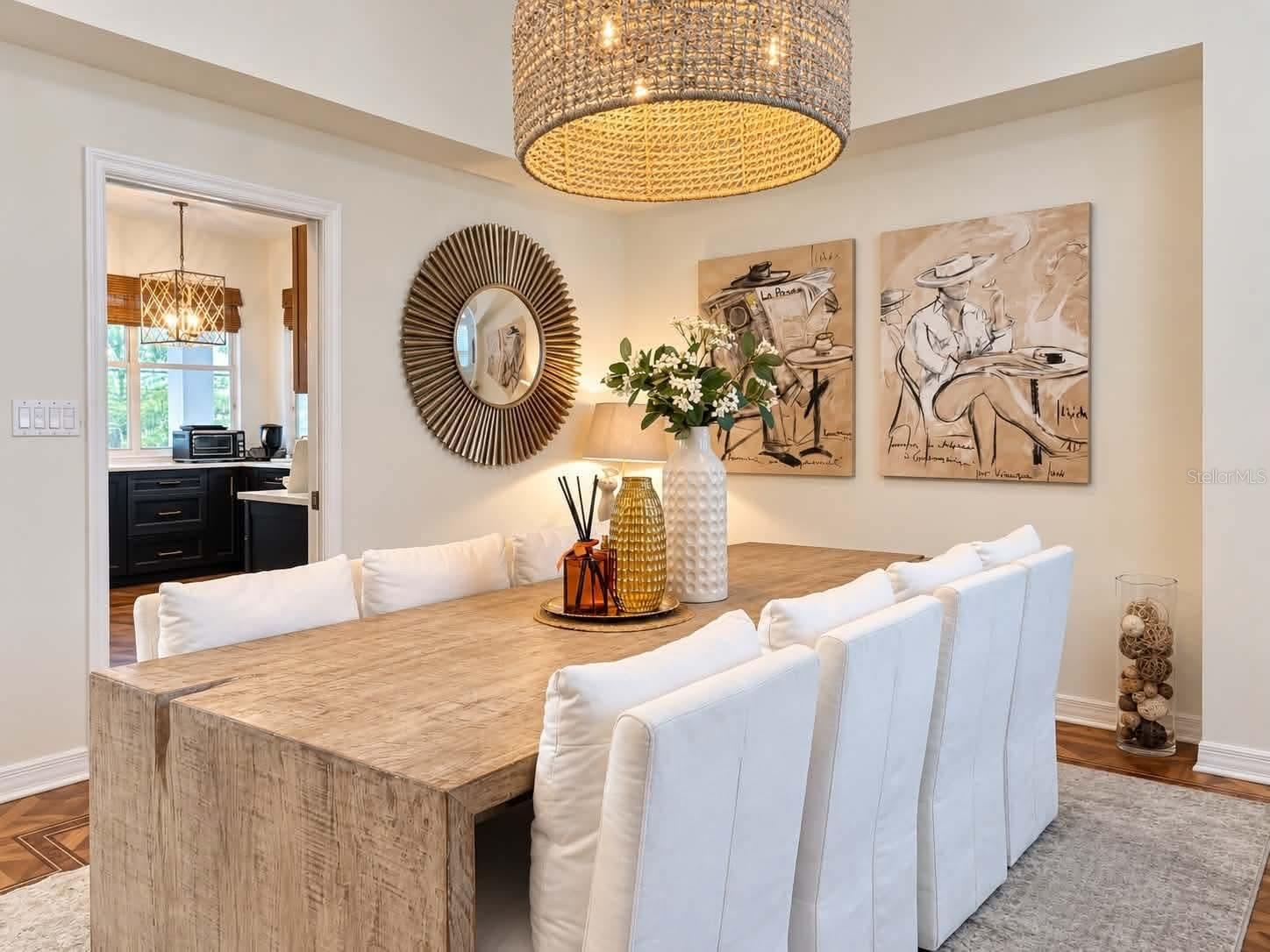 Formal dining with beautiful woven chandelier