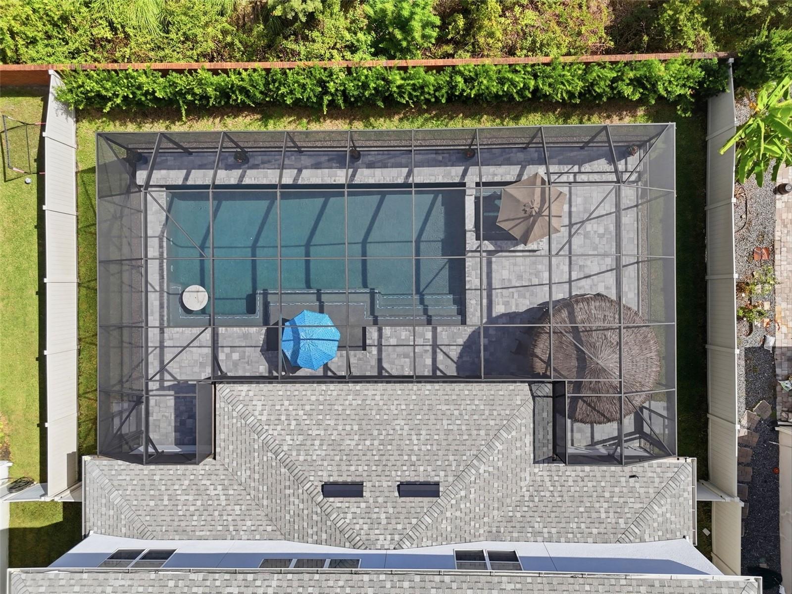 Aerial view of the recently added pool with spa that can be heated or cooled