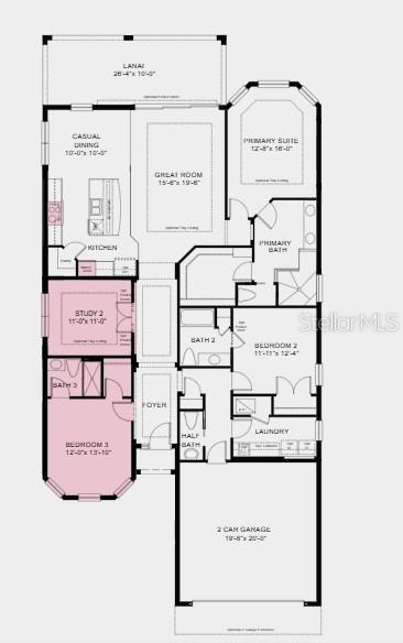 Floor Plan ~ Additional Highlights Include: gourmet kitchen, pocket sliding glass door at great room, 4' garage extension, 8' interior doors, and single pocket door at secondary bath