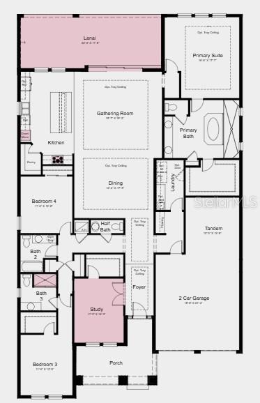 Floor Plan - Additional Highlights include: Pocket sliding glass door at great room, tray ceiling package, whole house 8' interior doors, quartz countertops, whole house blinds, and outdoor kitchen rough-in