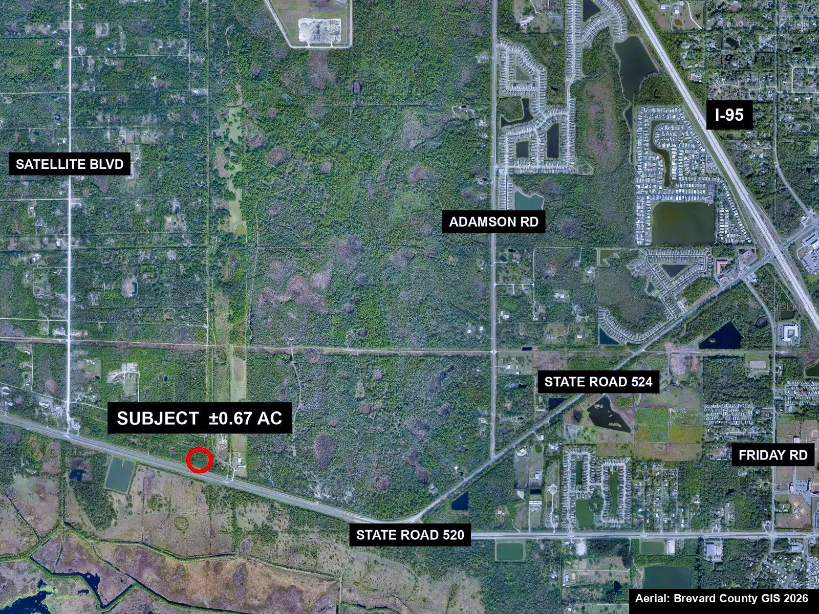 Location map. Subject circled in red on SR 520 west of I-95, near SR 524, Adamson Rd and Friday Rd.