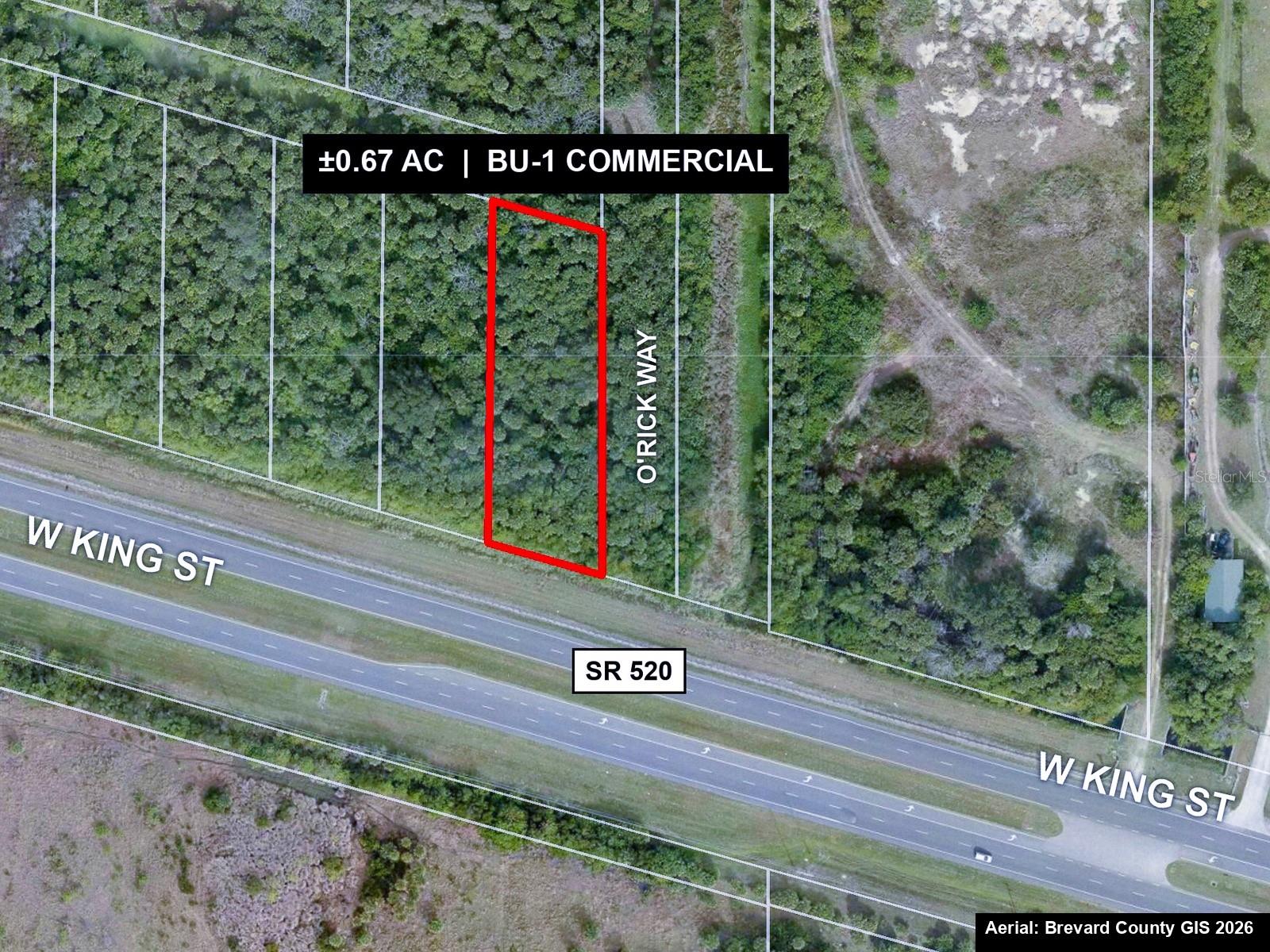 Aerial with county parcel lines. Subject outlined in red: 0.67 acre BU-1 commercial lot with frontage on W King St (SR 520).