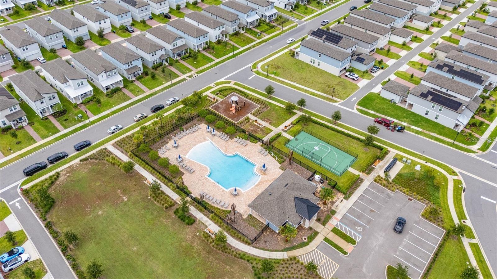 Aerial view of the community pool and recreation area
